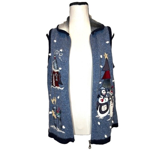 Victoria Jones Women Snowman Sweater Vest Holiday Christmas Full Zip Collar S - Picture 4 of 12